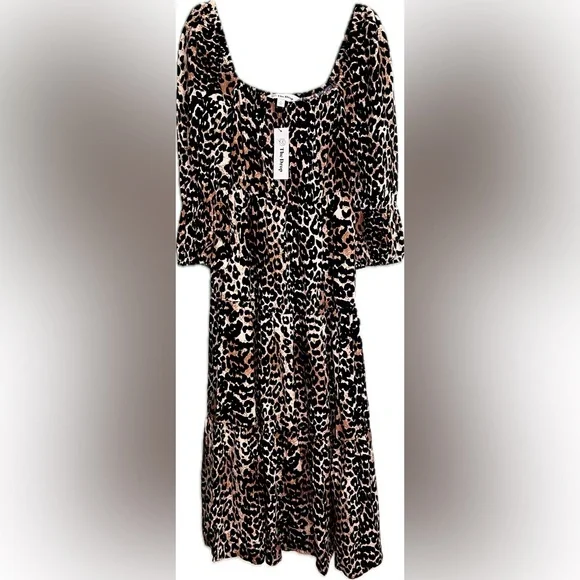 Small The Drop Keyla Puff-Sleeve Square-Neck Tiered Midi Dress in Leopard Print - Picture 6 of 9